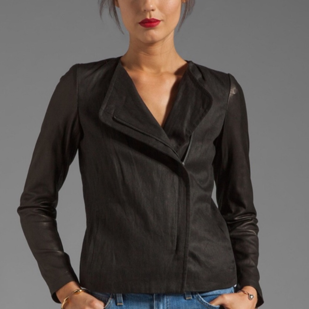 Vince Linen + Leather Sleeve Asymmetrical Jacket